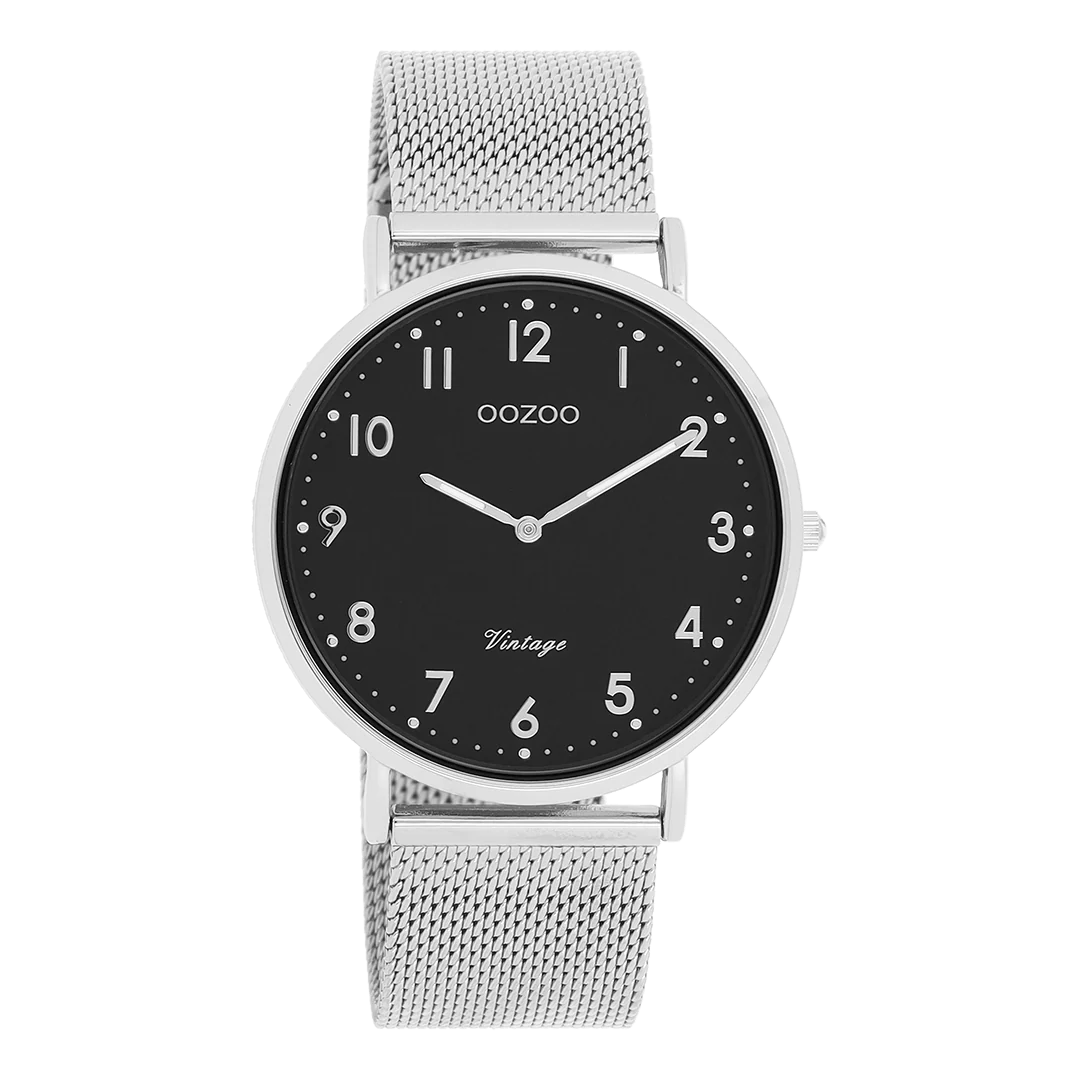 Zilverkleurige horloge met zilverkleurige metalen mesh band 40 mm