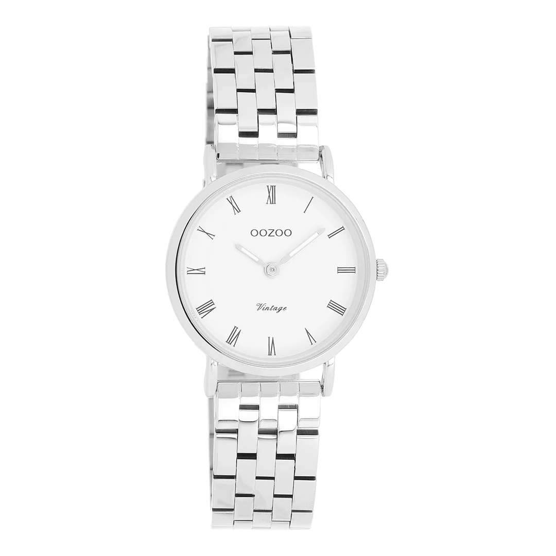 Zilverkleurige horloge met zilverkleurige roestvrijstalen band 28 mm