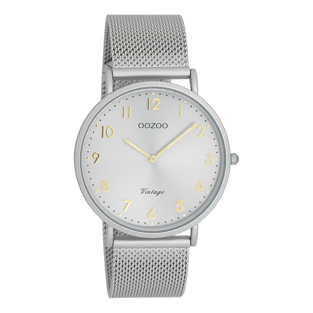 Light grey watch with light grey metal mesh bracelet