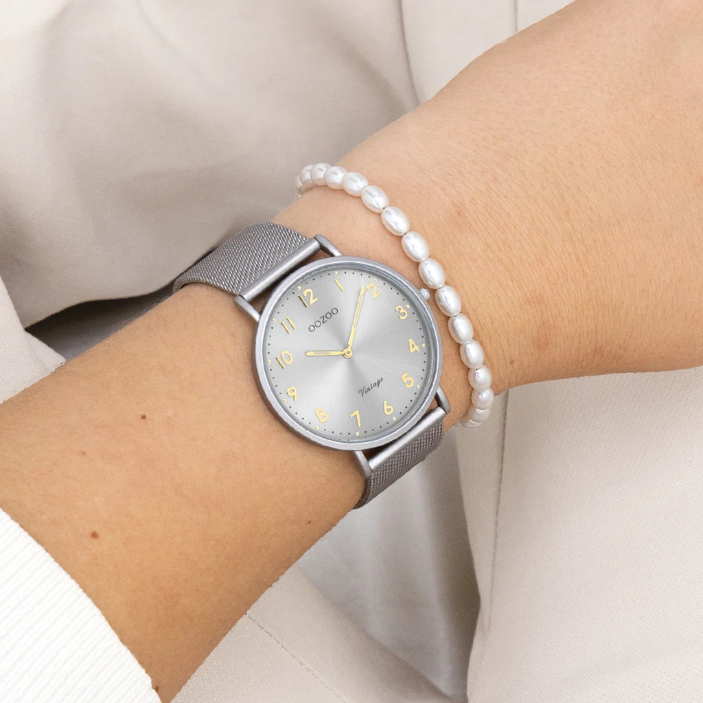 Light grey watch with light grey metal mesh bracelet