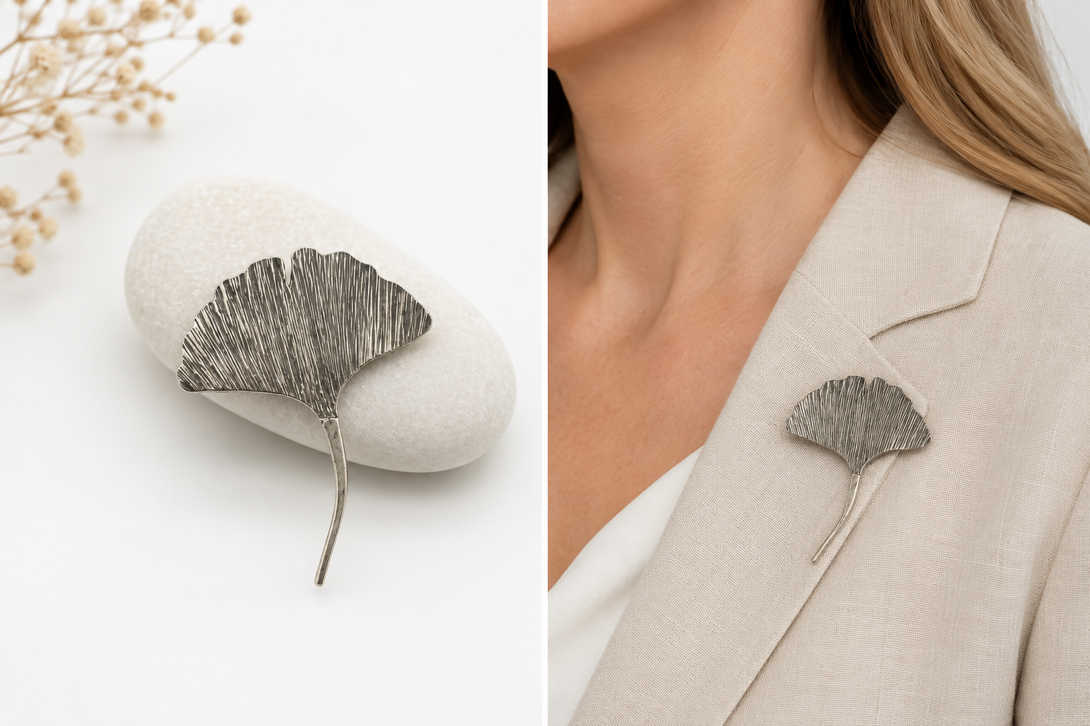 Ginkgo broche echt zilver klein