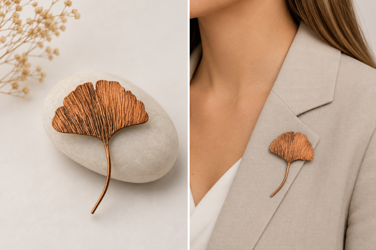 Ginkgo Brosche Kupfer groß