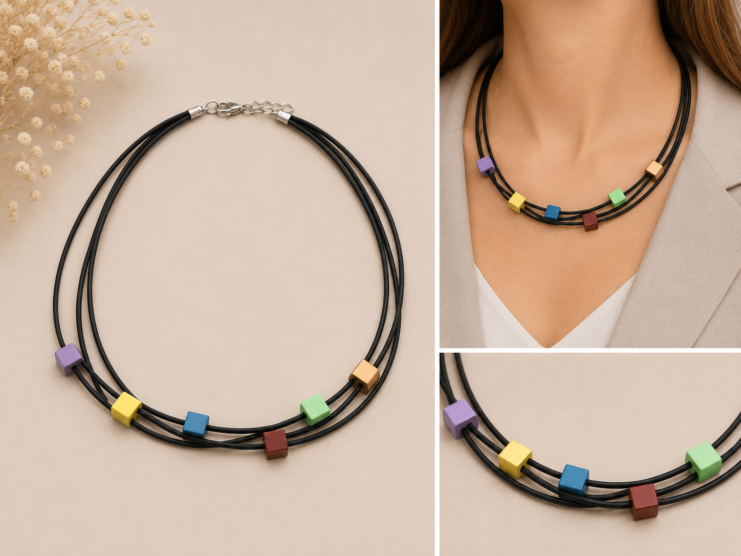 Handgemaakt Multi collier met vierkante blokjes op rubber