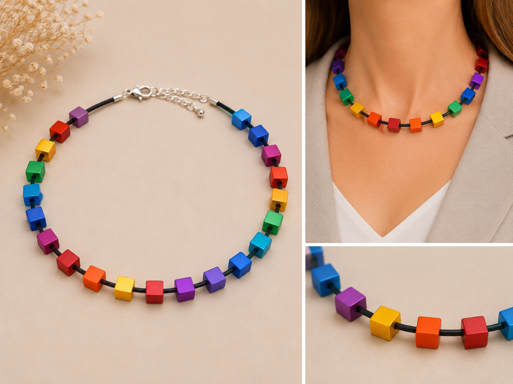 Handgemaakt multi collier met vierkante blokjes op rubber