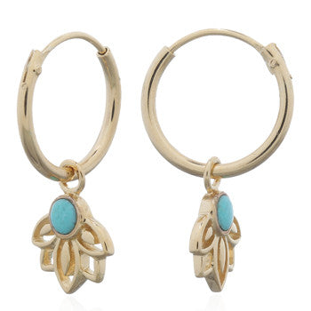 vergulde oorringen met bedeltje: lotus en turkoois