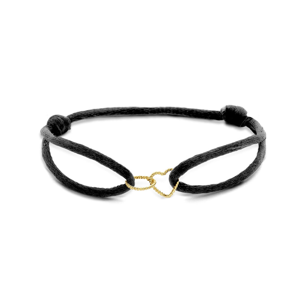 Armband Satin schwarz Herz und Kugel verdreht 13 - 26 cm 14K Gold mit Gummi/Nylon/Leder
