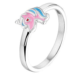Zilveren kinderring eenhoorn blauw/roze