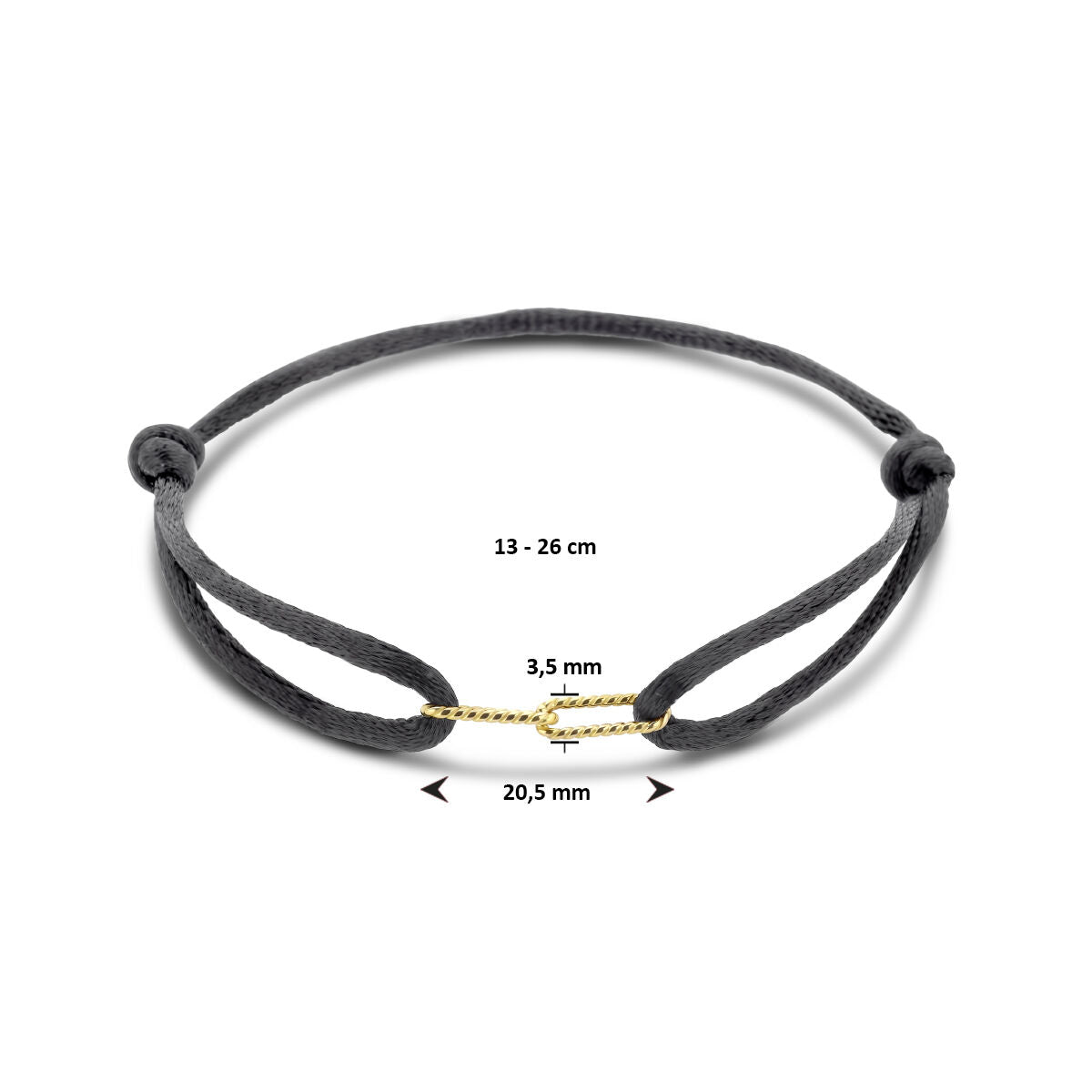Armband Satin Schwarz 13 - 26 cm 14K Gold mit Gummi/Nylon/Leder