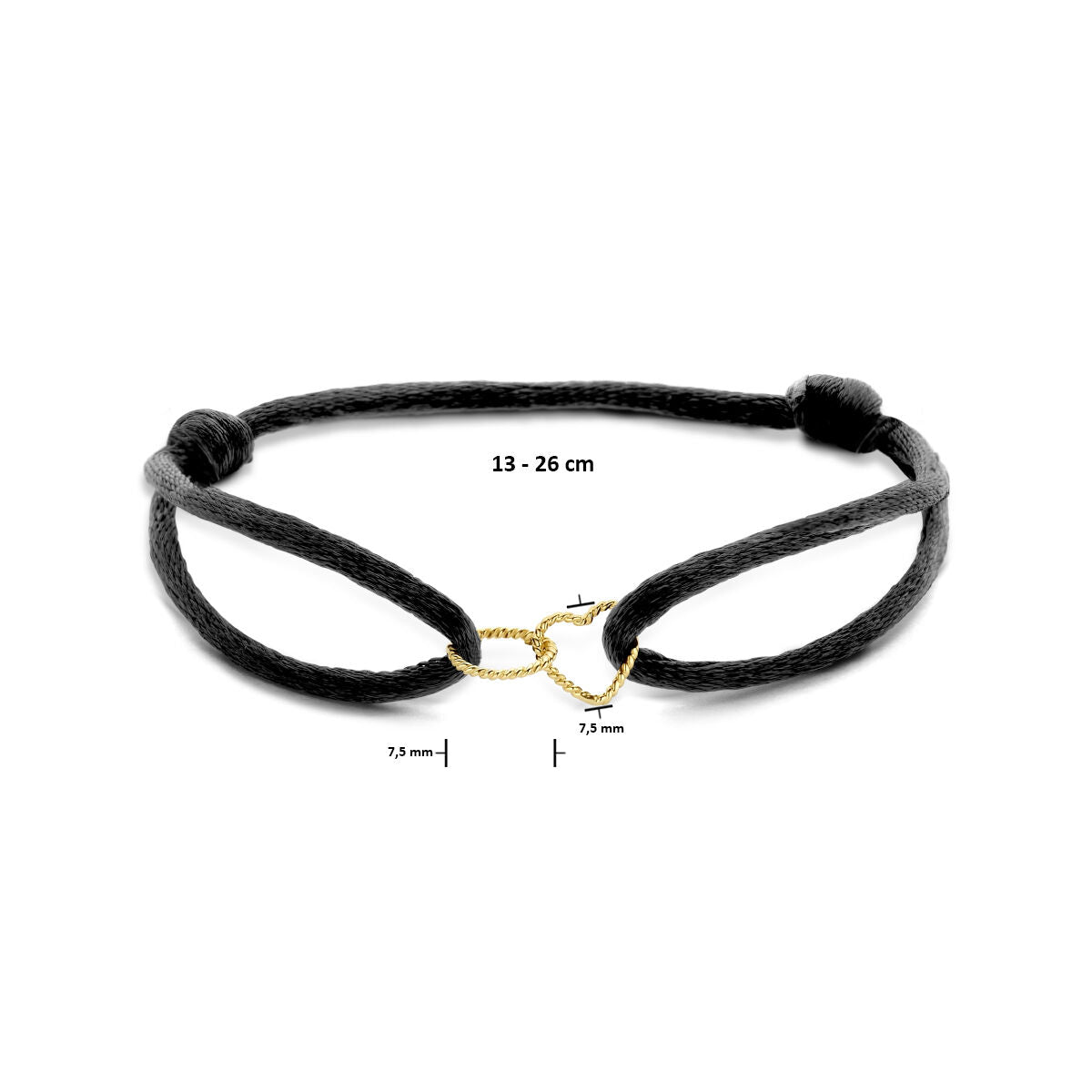 Armband Satin schwarz Herz und Kugel verdreht 13 - 26 cm 14K Gold mit Gummi/Nylon/Leder