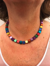 Handgemaakte collier geblokt multi color