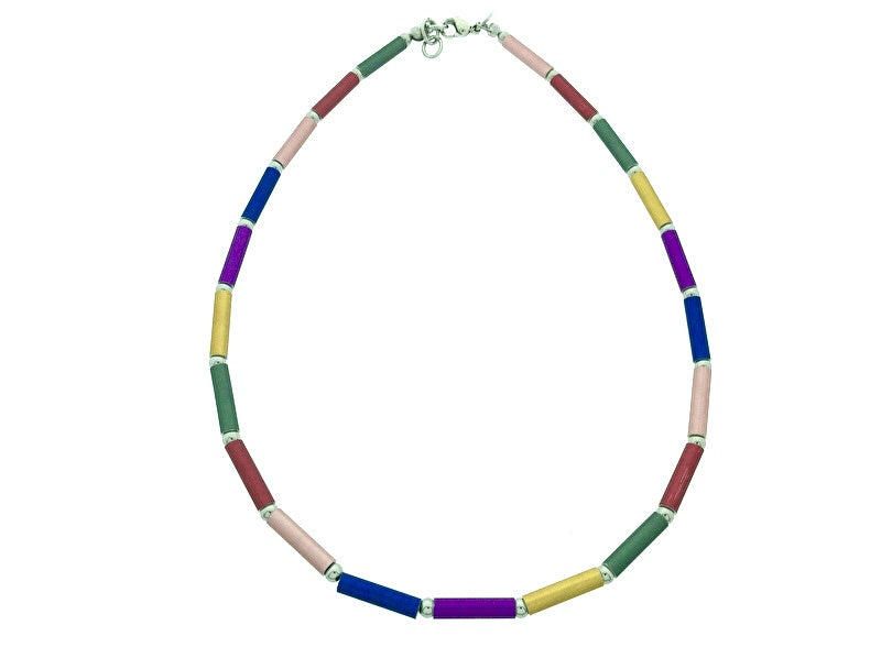 Handgemaakt meerkleurig collier met buisjes op edelstaal