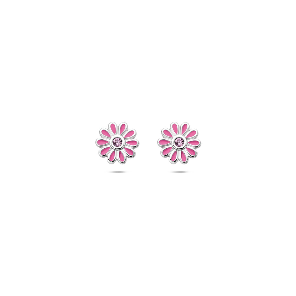 Ohrstecker Emaille Blume Rosa Zirkonia 7 mm Silber rhodiniert