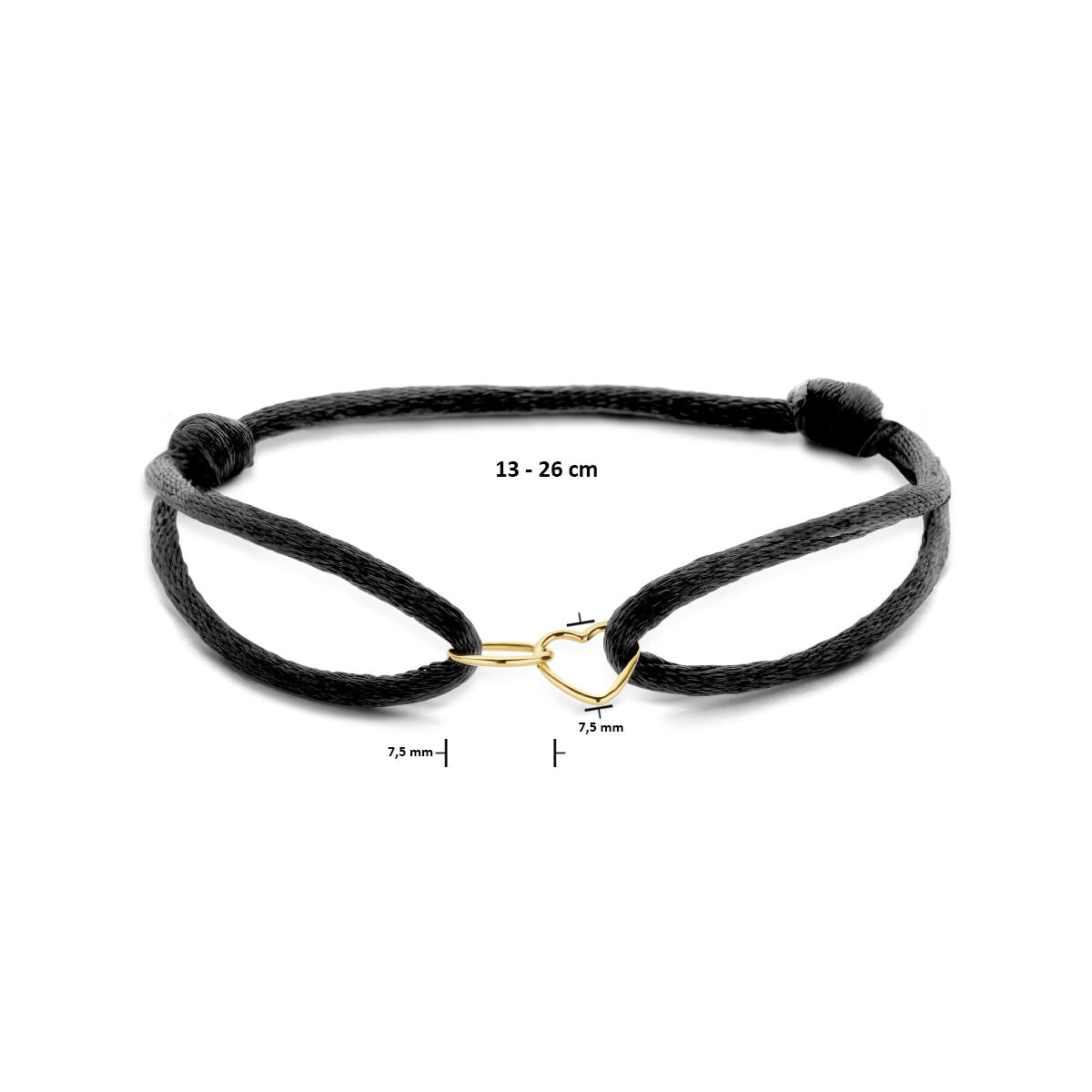 Armband Satin Schwarz Herz und Kreis 13 - 26 cm 14K Gold mit Gummi/Nylon/Leder