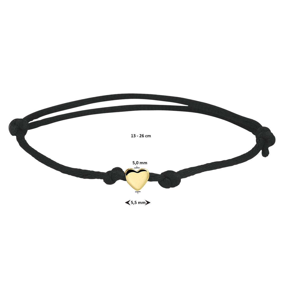 Armband Satin schwarz Herz 13 - 26 cm 14K Gold mit Gummi/Nylon/Leder